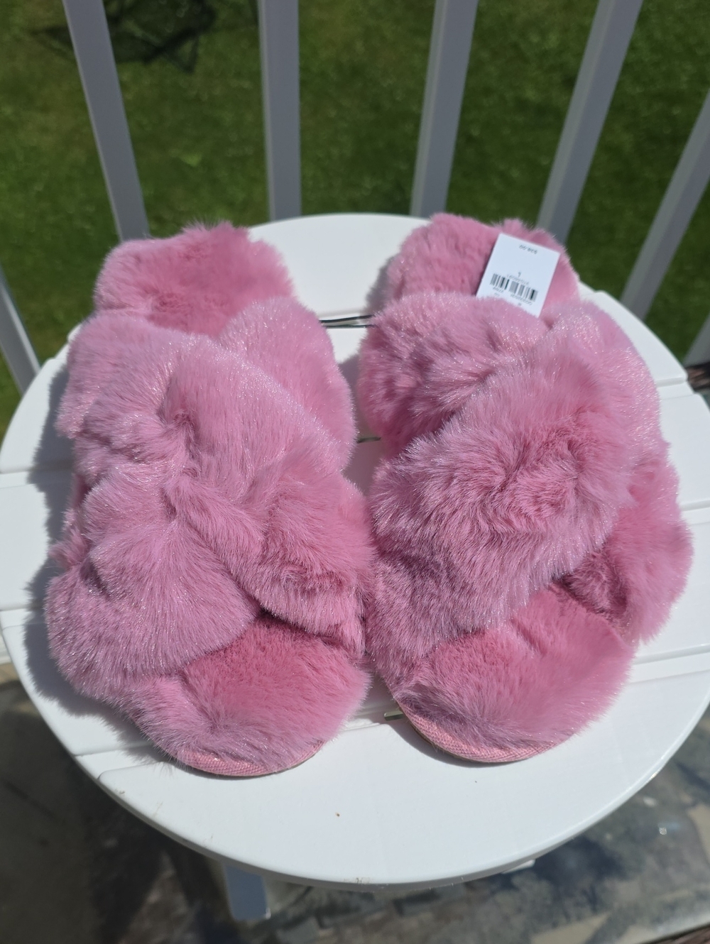 Express Pink Faux Fur Crisscross Slide Sandals